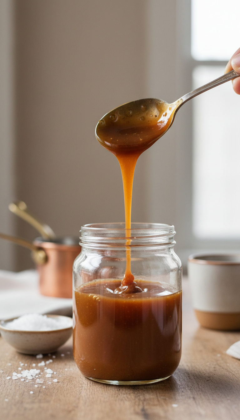 Homemade Coffee Syrup Flavors: 11 Easy Recipes to Master 3 Thick, glossy amber salted caramel syrup drizzles off a spoon into a jar on a wooden counter with sea salt, copper pot, coffee mug.