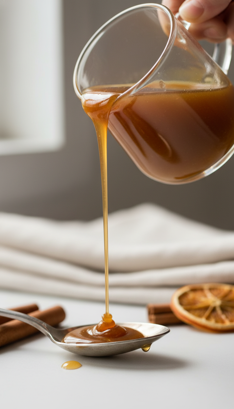 Thick, glossy golden-brown pumpkin spice syrup pours from glass pitcher, showcasing rich consistency on white surface. Elegant.