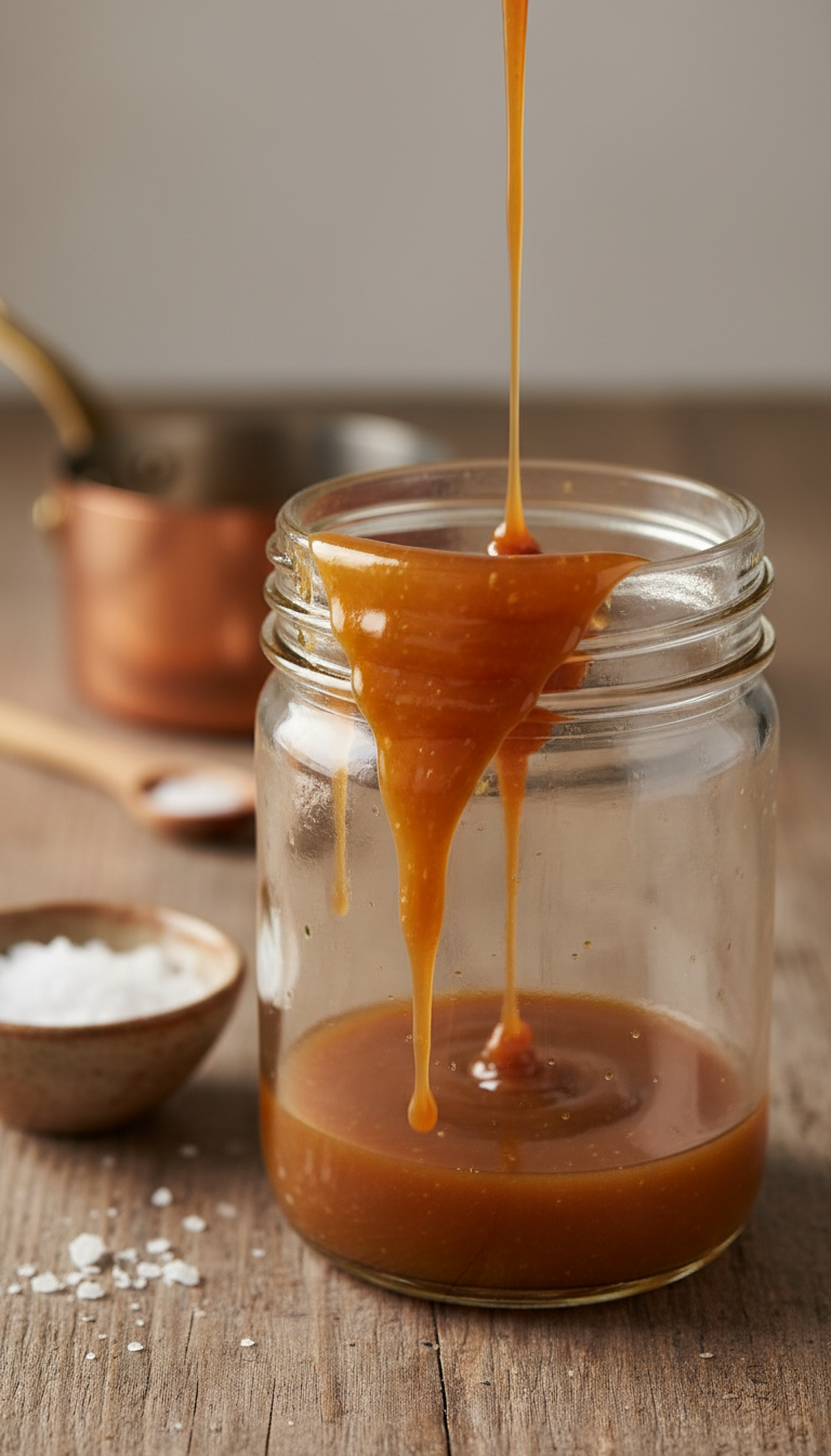 Homemade Coffee Syrup Gifts Easy Recipes & Ideas 9 Thick, glossy salted caramel syrup drizzling over a rustic glass jar, with flaked sea salt on a wooden table.