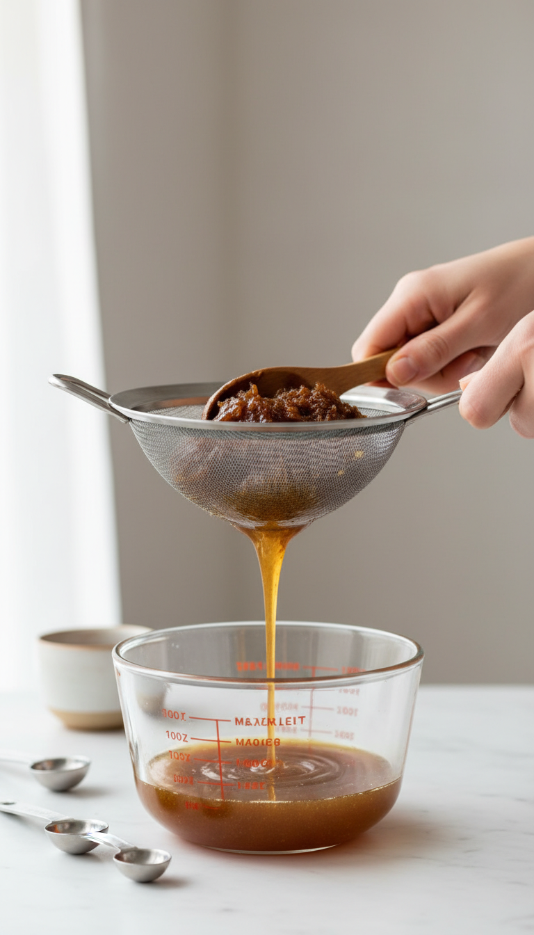 Homemade Date Coffee Syrup: Easy Natural Sweetener 5 Thick, golden-brown date syrup being strained through a fine-mesh sieve into a glass measuring bowl for a natural sweetener.