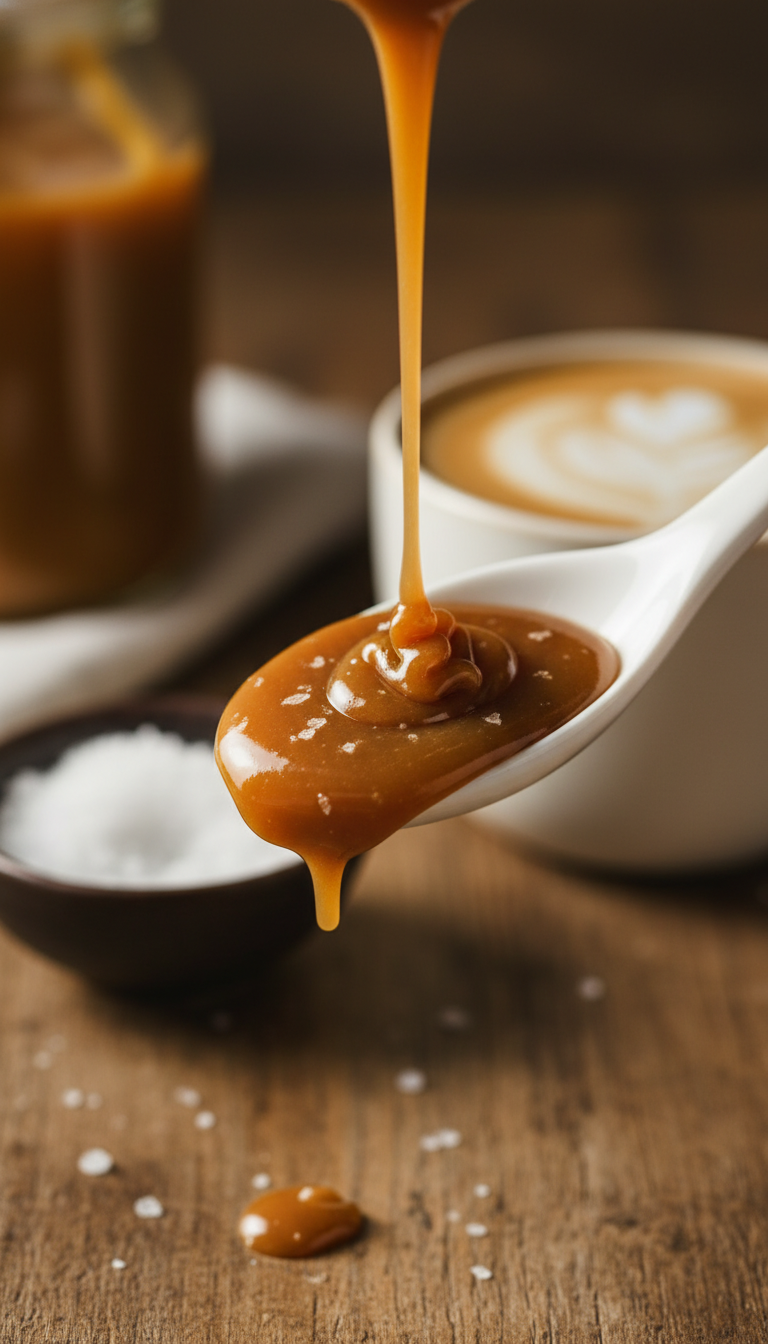 Thick golden brown salted caramel keto syrup drizzled on a white spoon, showing salt crystals. Rustic table, coffee mug.