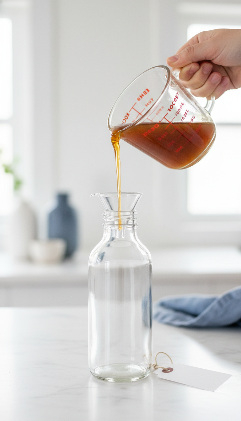 Thick, golden homemade apple coffee syrup poured from a glass measuring cup into a clear syrup bottle.