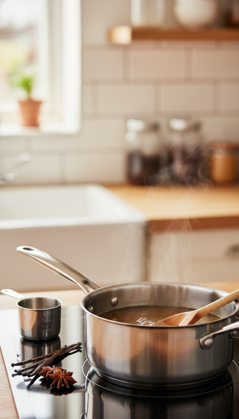 Homemade Coffee Syrup Jars: Design & Store Like a Pro 1 Thick golden simple syrup simmering in an elegant stainless steel saucepan on a kitchen stovetop with steam, vanilla beans.