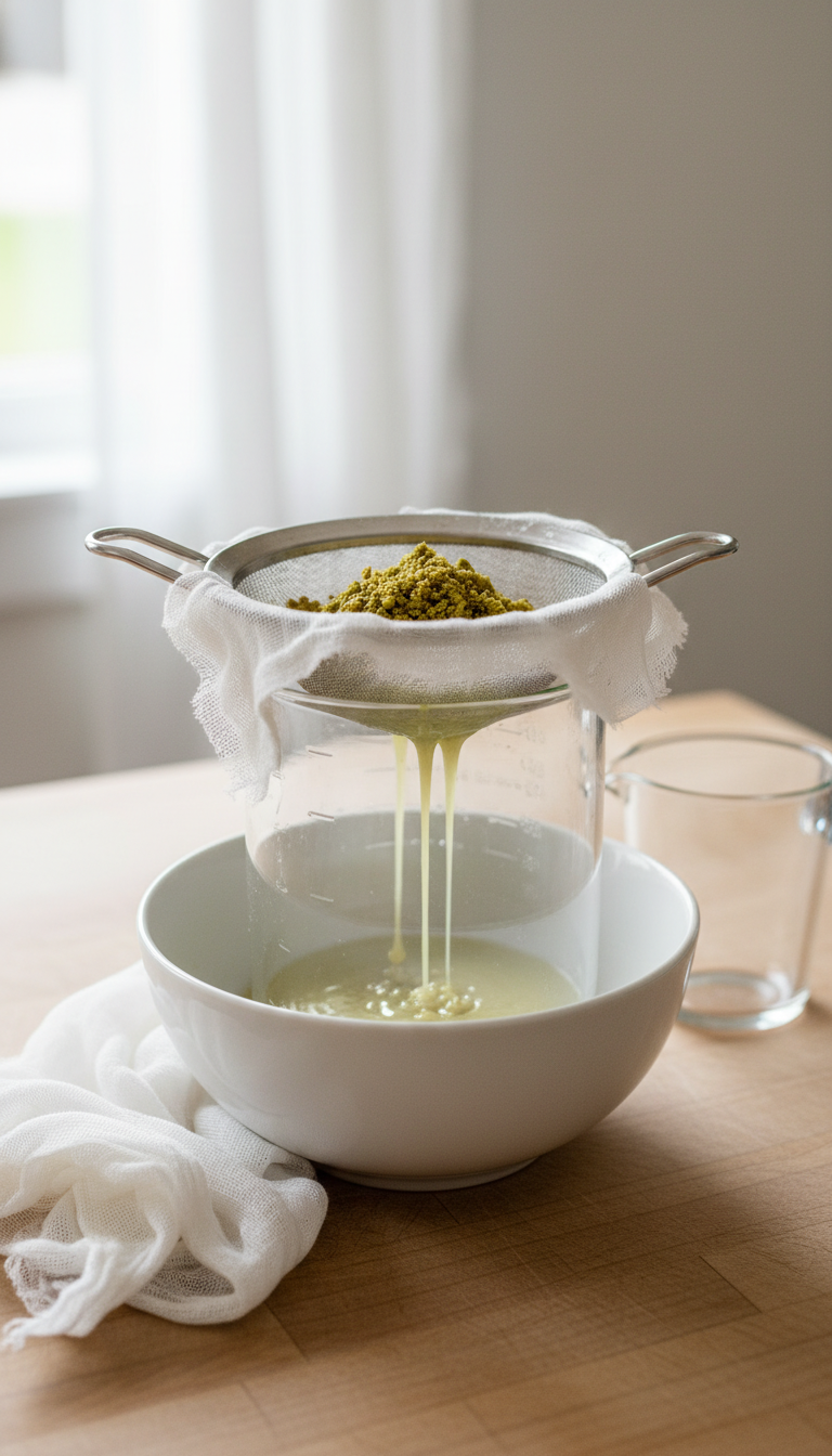 Thick green pistachio syrup straining through fine-mesh sieve and cheesecloth into measuring jug on butcher block. Homemade recipe.