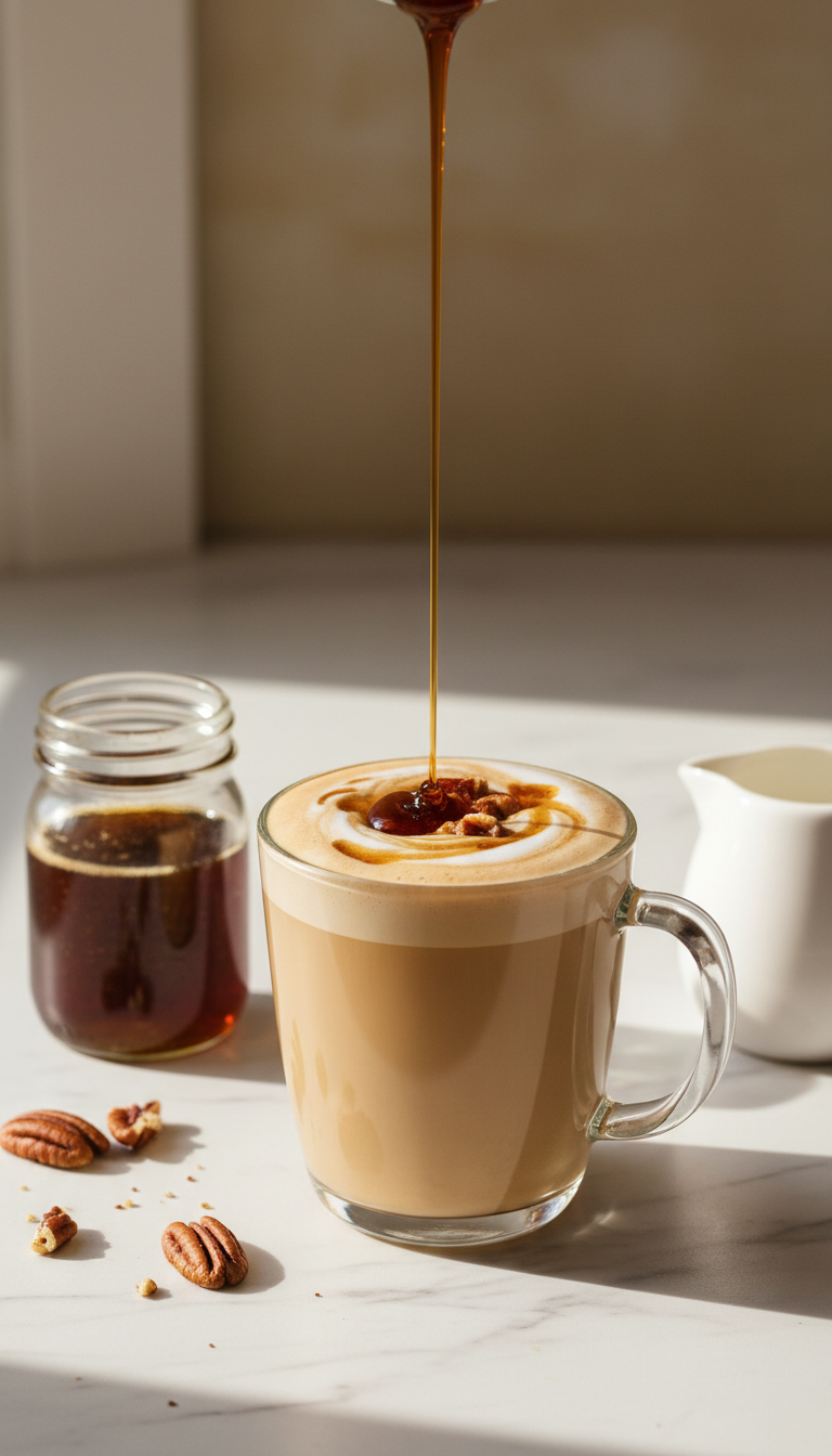 Homemade Coffee Syrup Flavors: 11 Easy Recipes to Master 7 Thick maple pecan syrup drizzles over a homemade latte foam on a marble counter, with toasted pecans and a syrup jar.