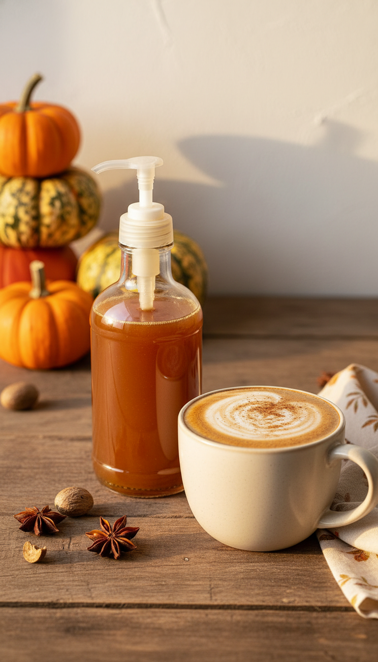 Thick orange-brown pumpkin spice syrup in a dispenser bottle next to a warm latte with cinnamon foam. Autumn setting.