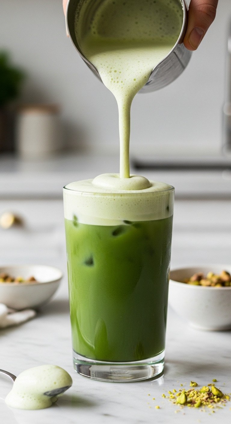 Pistachio Matcha Latte Ultimate Recipe for Perfect Layering and Flavor 13 Thick, pale green pistachio cold foam slowly pouring from a pitcher over a dark green iced matcha base on a marble countertop.