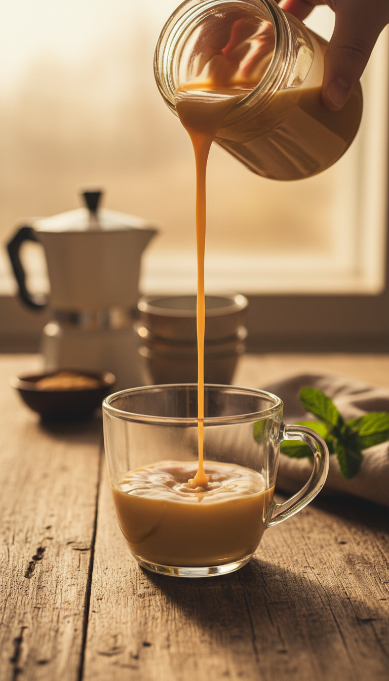 Homemade Irish Cream Coffee Syrup Without Alcohol 5 Thick, rich Irish cream syrup pours from a glass jar into a clear coffee mug on a rustic wooden table, with mint.