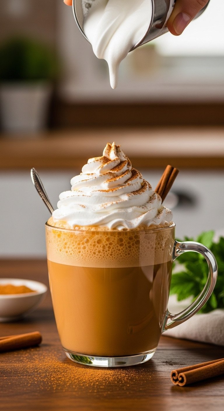 Pumpkin Spice Latte Master The 7 Step Real Recipe 11 Thick whipped cream swirl topping a pumpkin spice latte with cinnamon sticks on a rustic wooden table. Cozy fall drink.