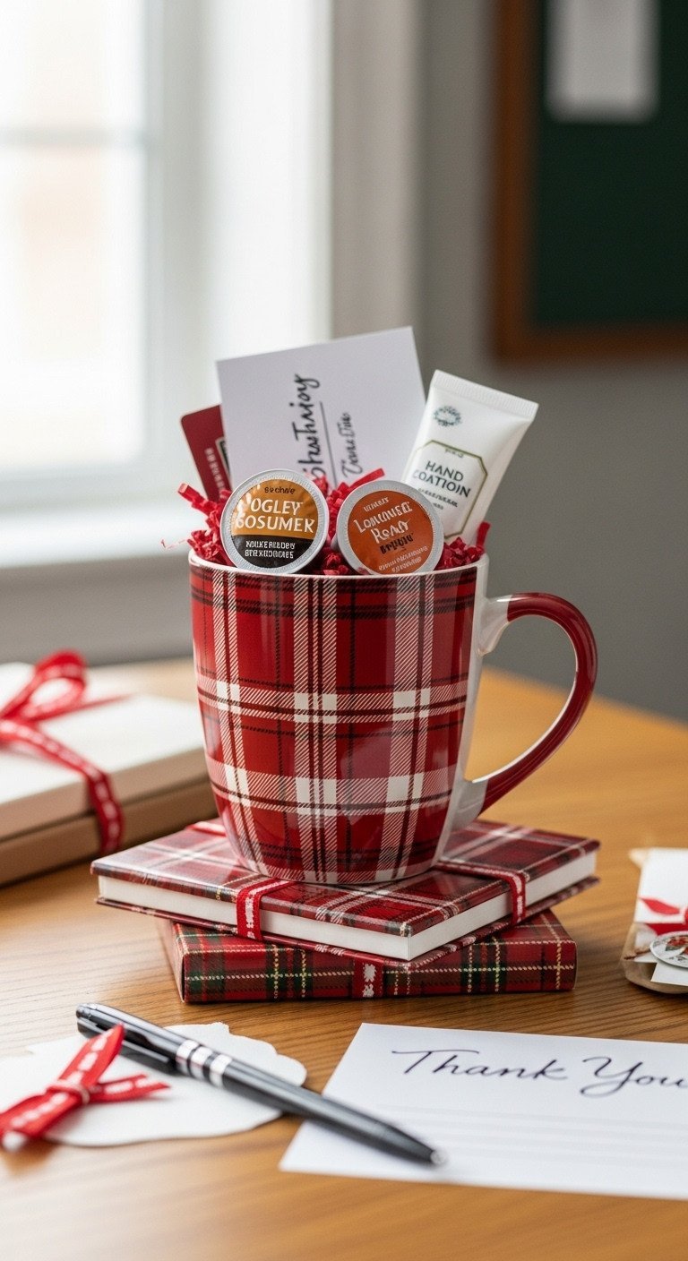 Thoughtful teacher gift: plaid Christmas coffee mug filled with gourmet coffee pods, lotion, gift card. Holiday appreciation.