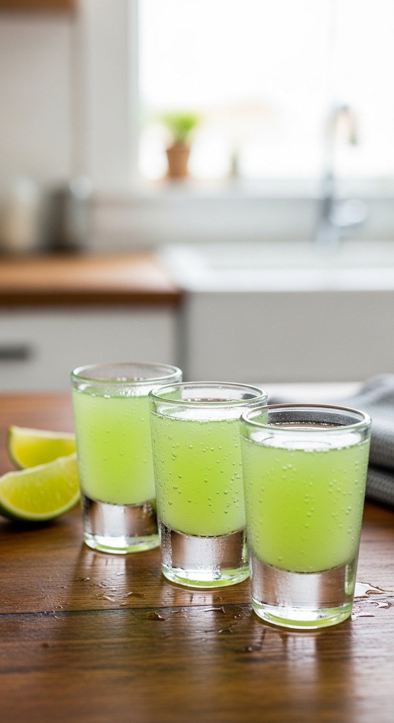 Three bright green tea shots with bubbles & condensation, lime garnish, on rustic wooden table. Fresh party drink.