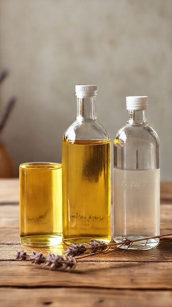 How To Make Coffee Oil At Home For Naturally Glowing Skin 3 Three clear glass bottles of carrier oils like jojoba and almond oil for a DIY recipe, arranged on a rustic wood table.