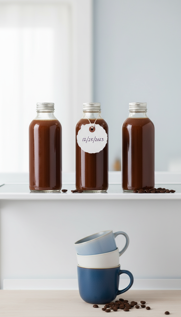 Homemade Mocha Syrup for Rich Iced Coffee Drinks 3 Three clear glass bottles of homemade mocha syrup stored neatly on a clean refrigerator shelf with coffee mugs and beans.