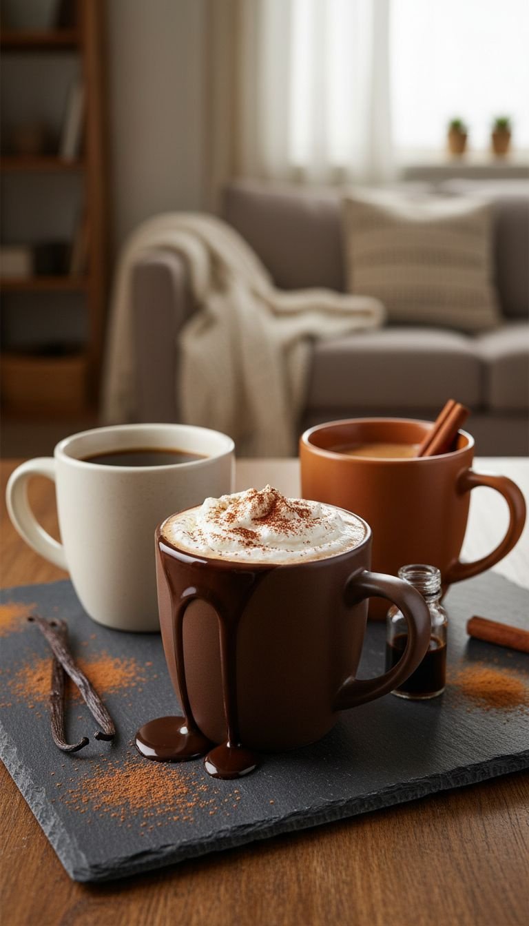Three coffee mugs showing recipe variations: a mocha with whipped cream, a vanilla, and coffee with a cinnamon stick garnish.