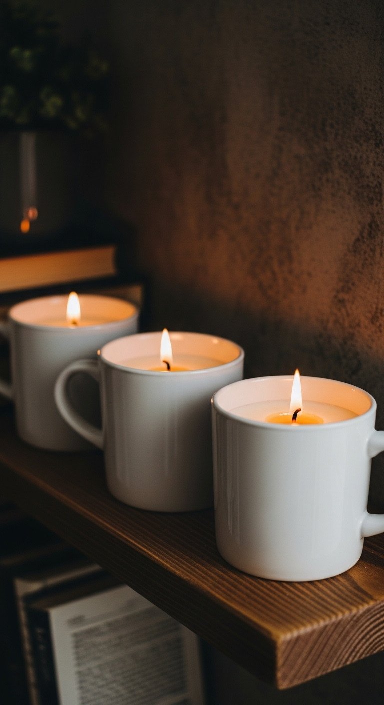 Three finished homemade coffee candles in white ceramic mugs sitting in a row on a rustic wooden shelf while they cure.