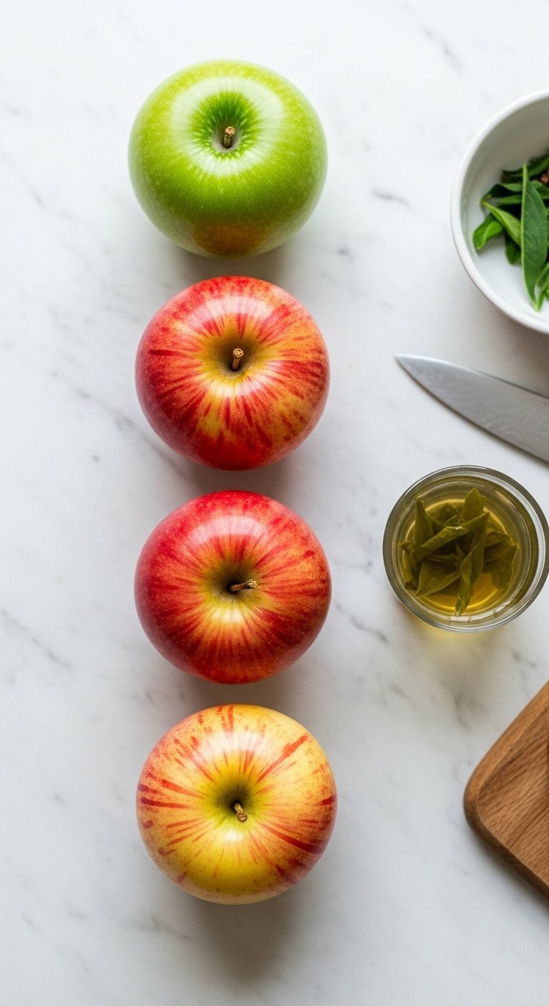Three fresh apples (Granny Smith, Fuji, Gala) lined beside a green tea infusion on a marble counter, emphasizing flavor.
