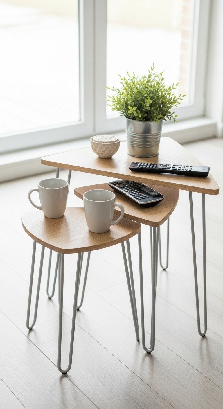9 Creative Coffee Table Ideas To Elevate Your Home Style 7 Three geometric nesting tables with sleek metal legs, staggered on a light wooden floor, styled with coffee mugs.