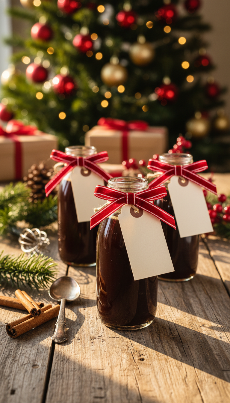 Homemade Peppermint Mocha Coffee Syrup: Master This Recipe 13 Three gift-wrapped homemade peppermint mocha syrup bottles with red ribbons on a rustic table with Christmas decor.