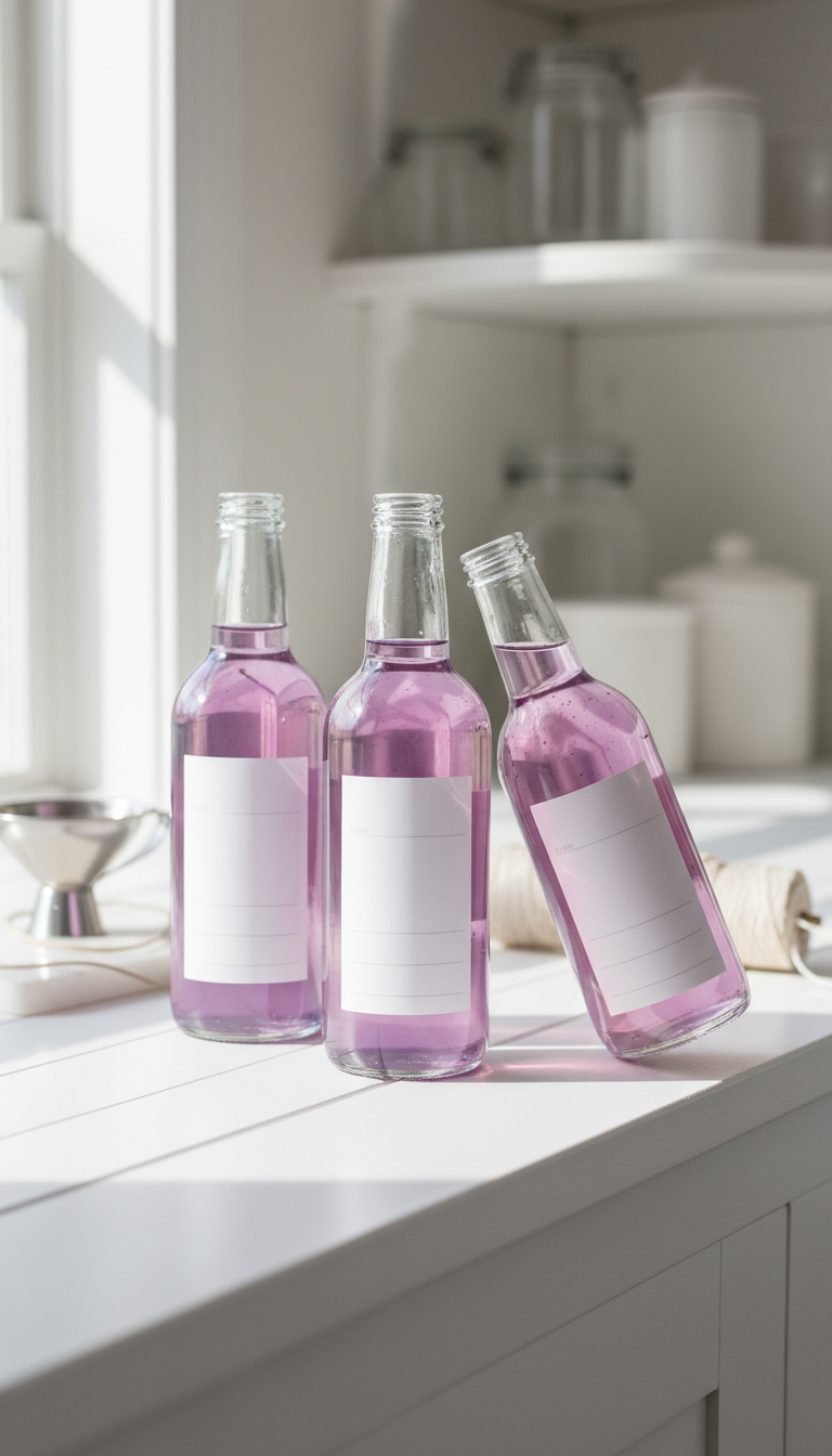 Homemade Lavender Coffee Syrup: Fresh & Dried Guide 7 Three glass bottles of light purple lavender syrup with labels, elegantly arranged on a white wooden kitchen shelf.