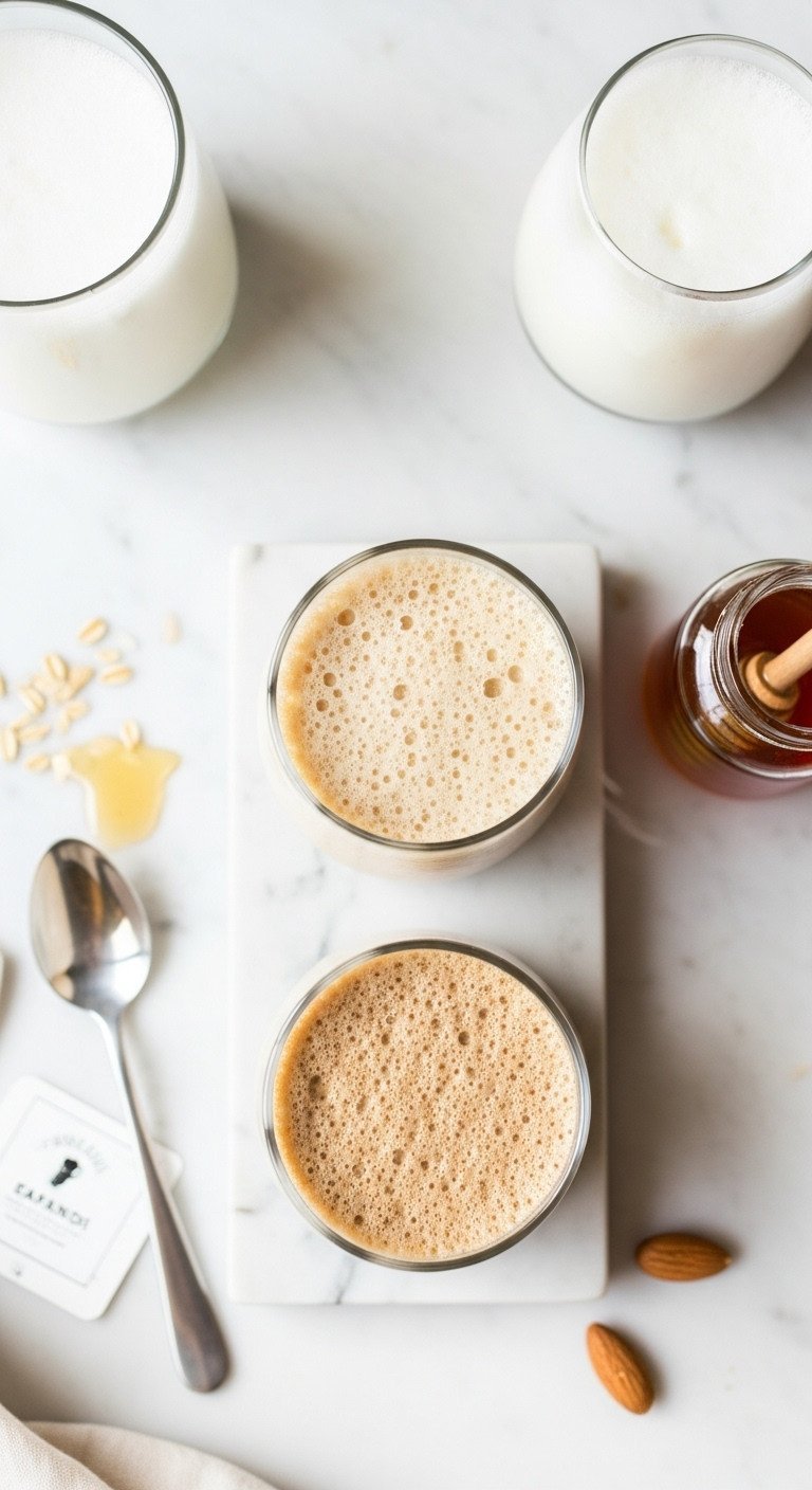 Lavender Latte Expert Guide Hot Or Iced With Tested Ratios 11 Three glass containers showcasing frothed dairy, oat, and almond milk for lattes on a white marble countertop.