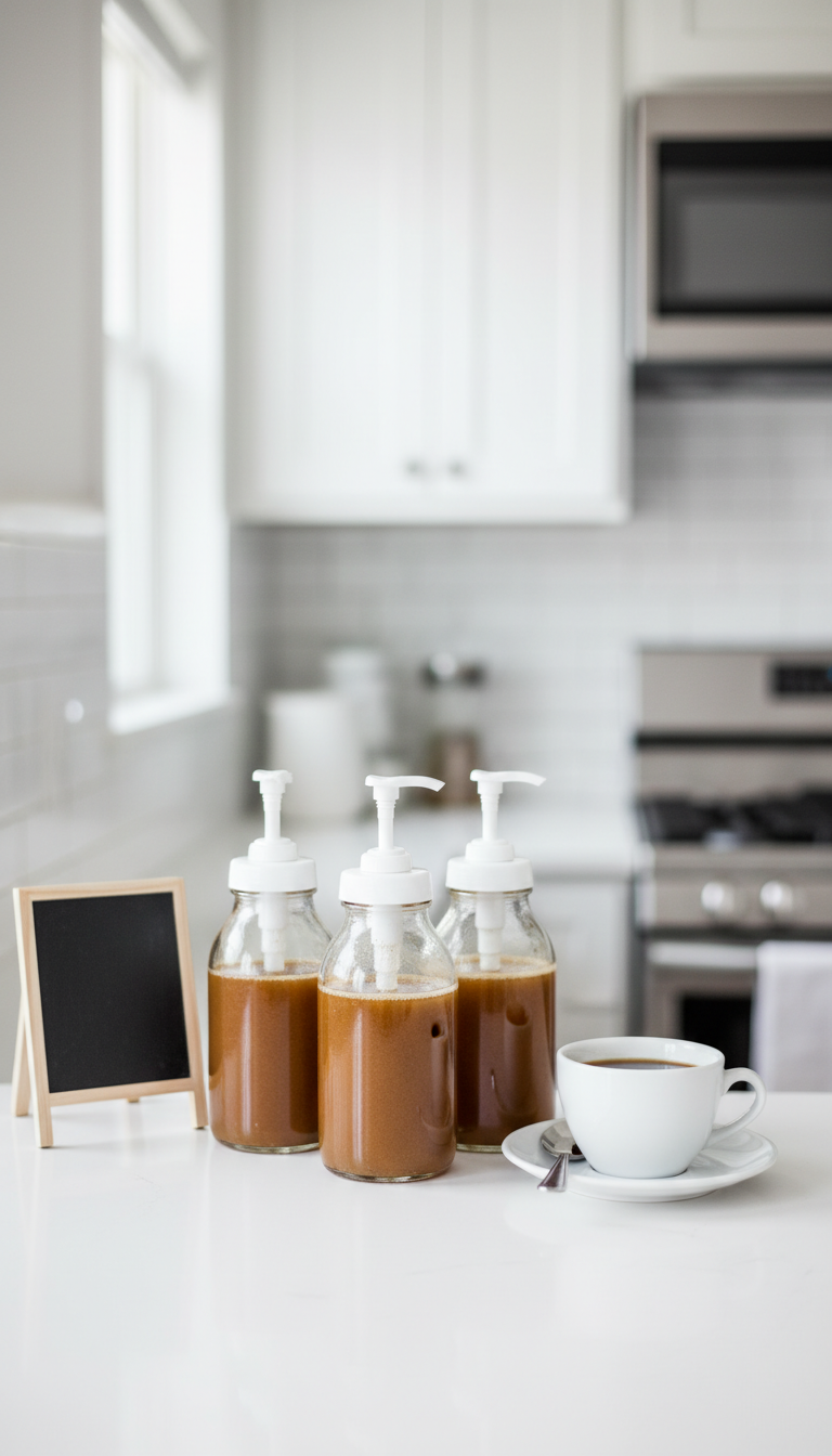 Homemade Toffee Nut Coffee Syrup: Ultimate Starbucks Dupe 7 Three glass dispensers of golden-brown toffee nut syrup on a white shelf with coffee. Organized homemade coffee bar storage.
