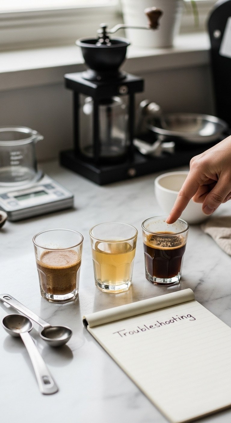 Cold Brew Coffee Master Guide To Smooth Low Acid Ratio Secrets 15 Three glasses displaying common cold brew issues: cloudy, weak, and sediment, on a marble counter for troubleshooting.