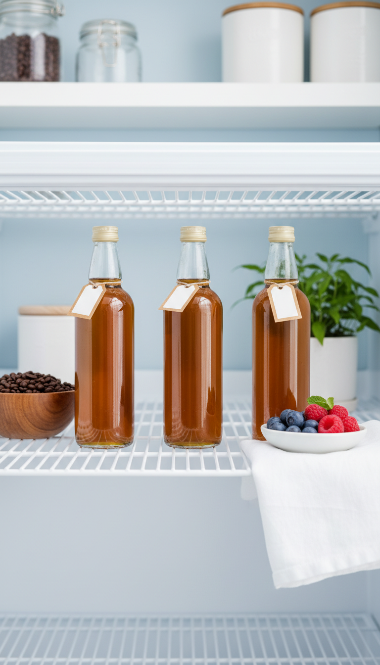 Homemade Cinnamon Coffee Syrup: Starbucks Copycat 7 Three golden cinnamon syrup bottles in an open refrigerator, with fresh coffee beans and berries, for an organized coffee bar.