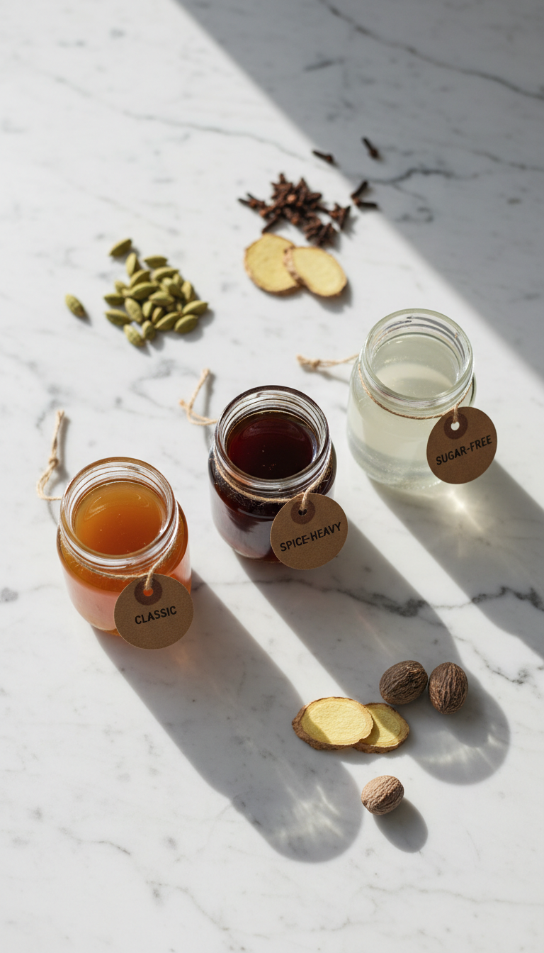 Homemade French Toast Coffee Syrup: Master Cafe Drinks Easily 13 Three jars of homemade syrup variations: classic light brown, dark spiced, and clear sugar-free, surrounded by spices on wood.