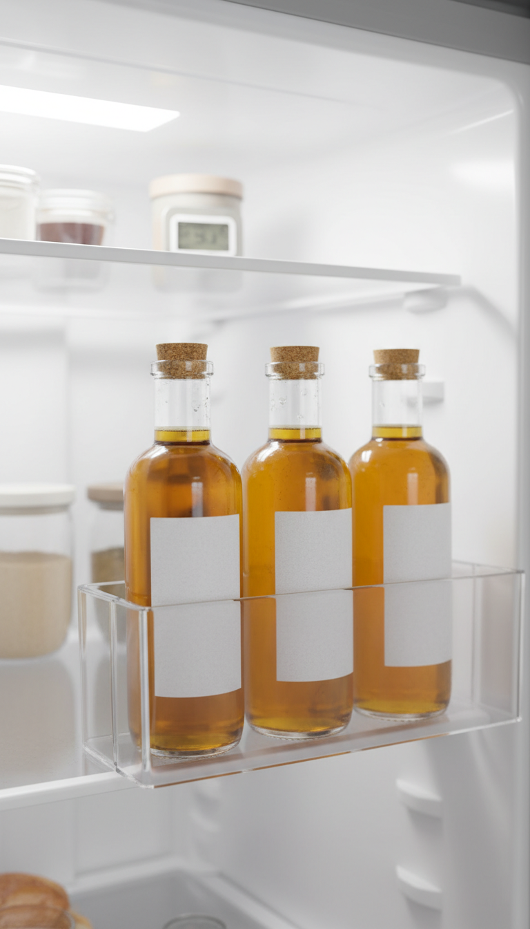 Three labeled glass bottles of golden homemade apple coffee syrup stored in a bright refrigerator shelf.