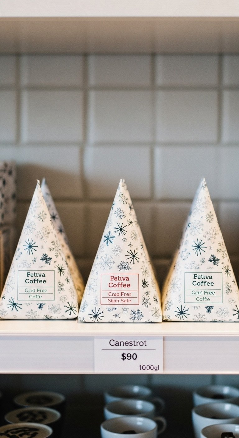 Three pyramid Christmas coffee packages with minimalist snowflake patterns, neatly arranged on a bright retail shelf, white, gray, blue.