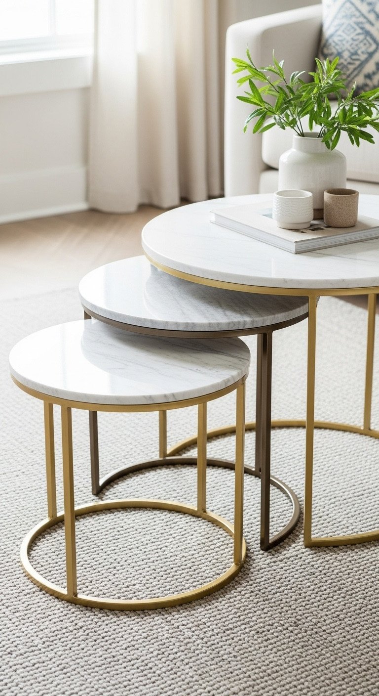Three round nesting coffee tables: marble, metal tops, gold frames, arranged on a textured rug in a minimalist living room.
