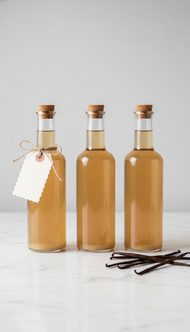 Homemade Sugar Cookie Coffee Syrup: Easy Starbucks Copycat 13 Three sealed glass bottles of homemade sugar cookie coffee syrup, neatly lined on a white marble countertop. Product display.