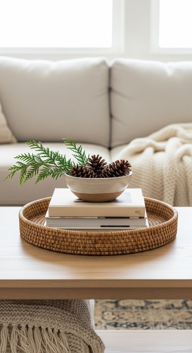 Tiered organic modern coffee table decor: woven tray, books, ceramic bowl with pinecones & cedar, knit throw. Neutral, natural styling.