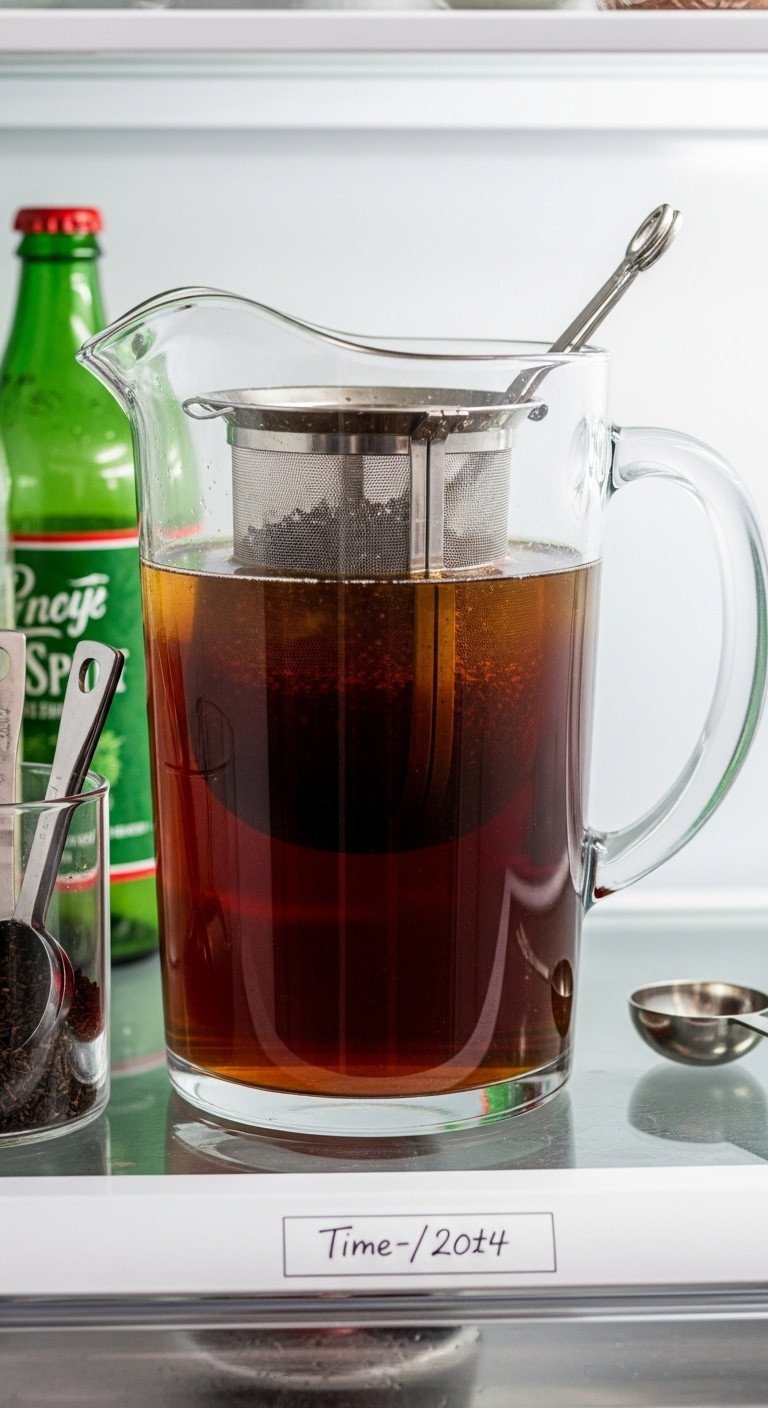 Tea Latte Recipes Ultimate Guide To Perfect Ratios And Foam 25 Time-Saving Cold Brew Tea Concentrate in pitcher, mesh infuser, tea leaves. Refrigerator, measuring spoons on shelf. Bright light.