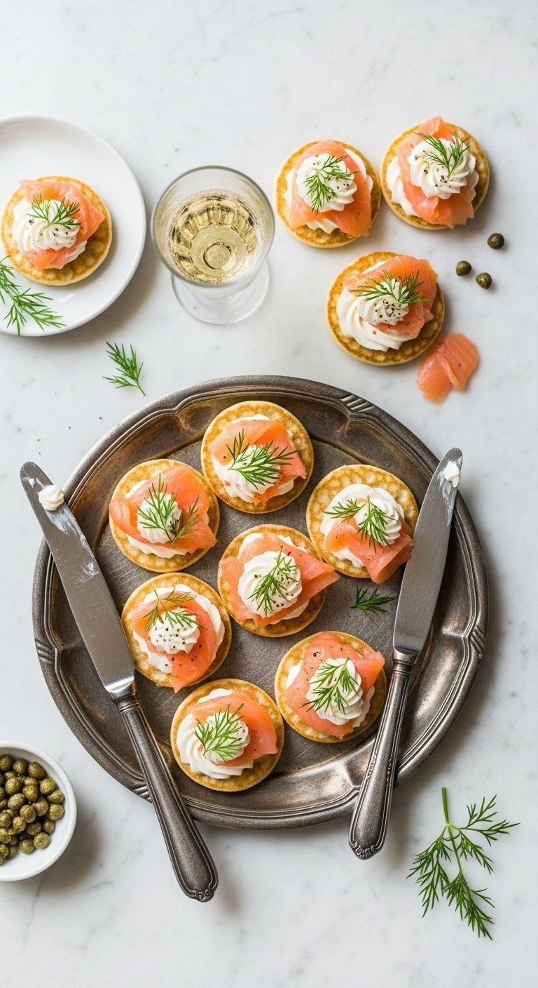 Tiny smoked salmon blinis with crème fraîche, fresh dill, and capers on a vintage silver tray for elegant party appetizers.