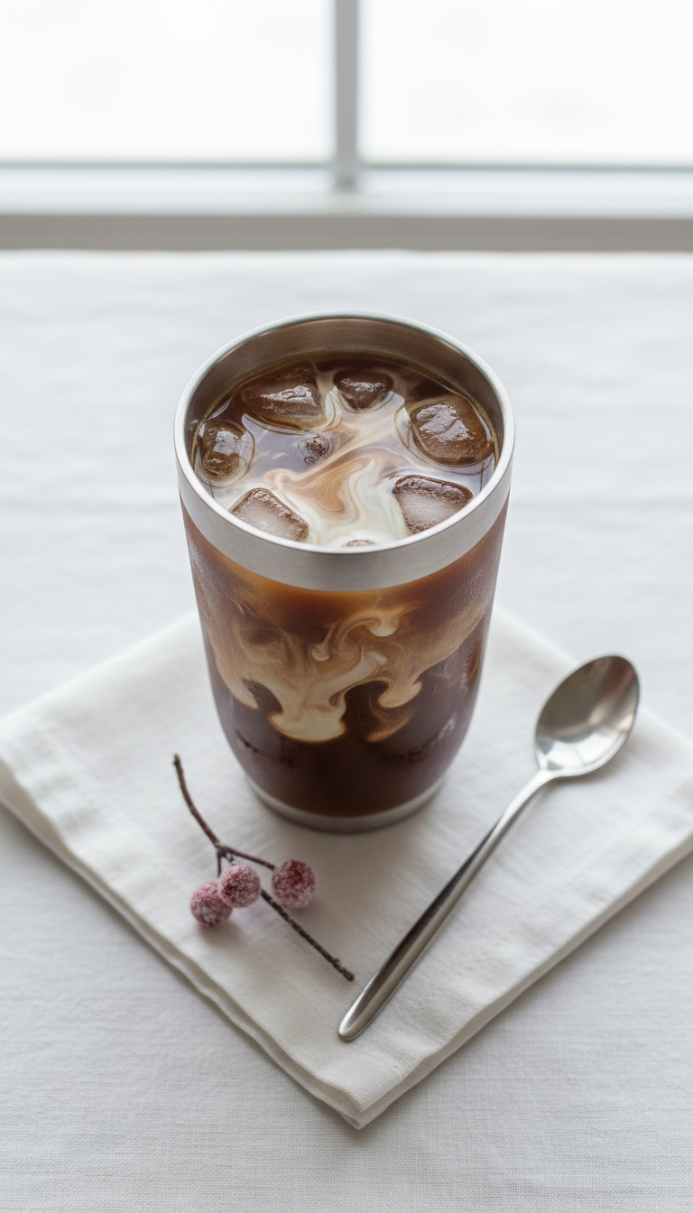 Toasted White Chocolate Iced Coffee in insulated tumbler, white swirl, silver spoon on white linen. Clean winter flat lay.