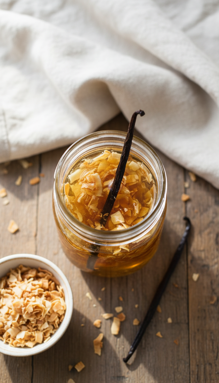 Homemade Toasted Coconut Coffee Syrup: Easy Recipe 5 Toasted coconut flakes steeping in golden simple syrup with a vanilla bean in a glass jar on a rustic wooden table.