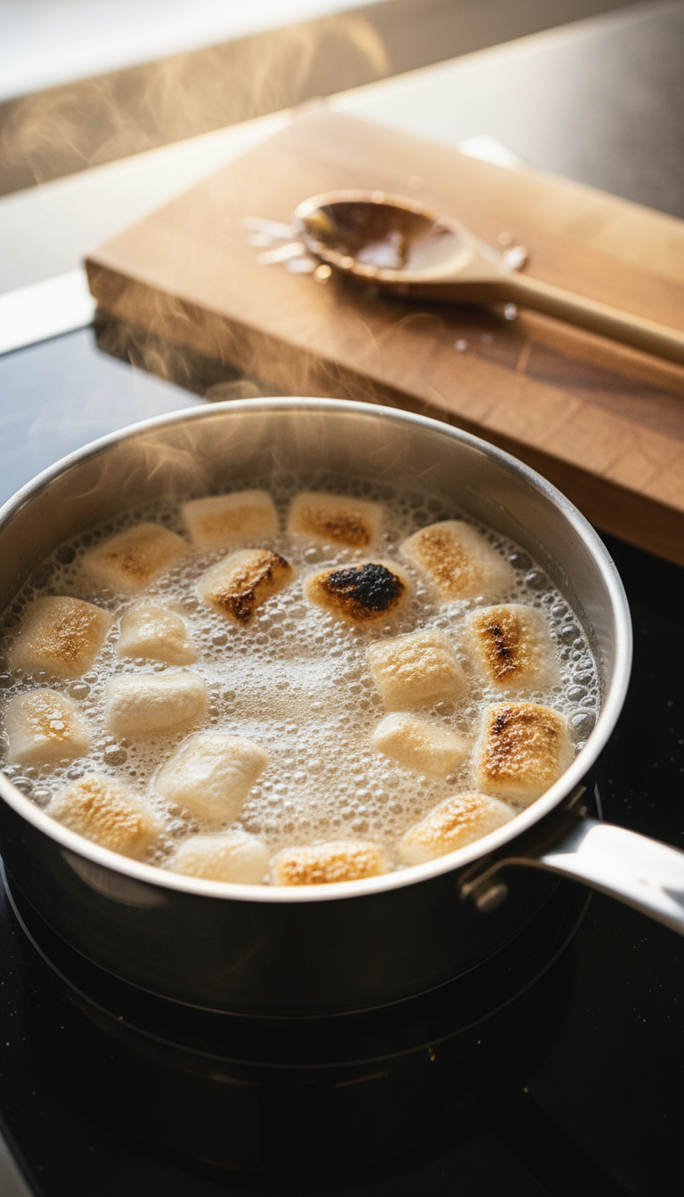 Toasted marshmallows melting into frothy sugar syrup in a stainless steel saucepan on stovetop, with steam.