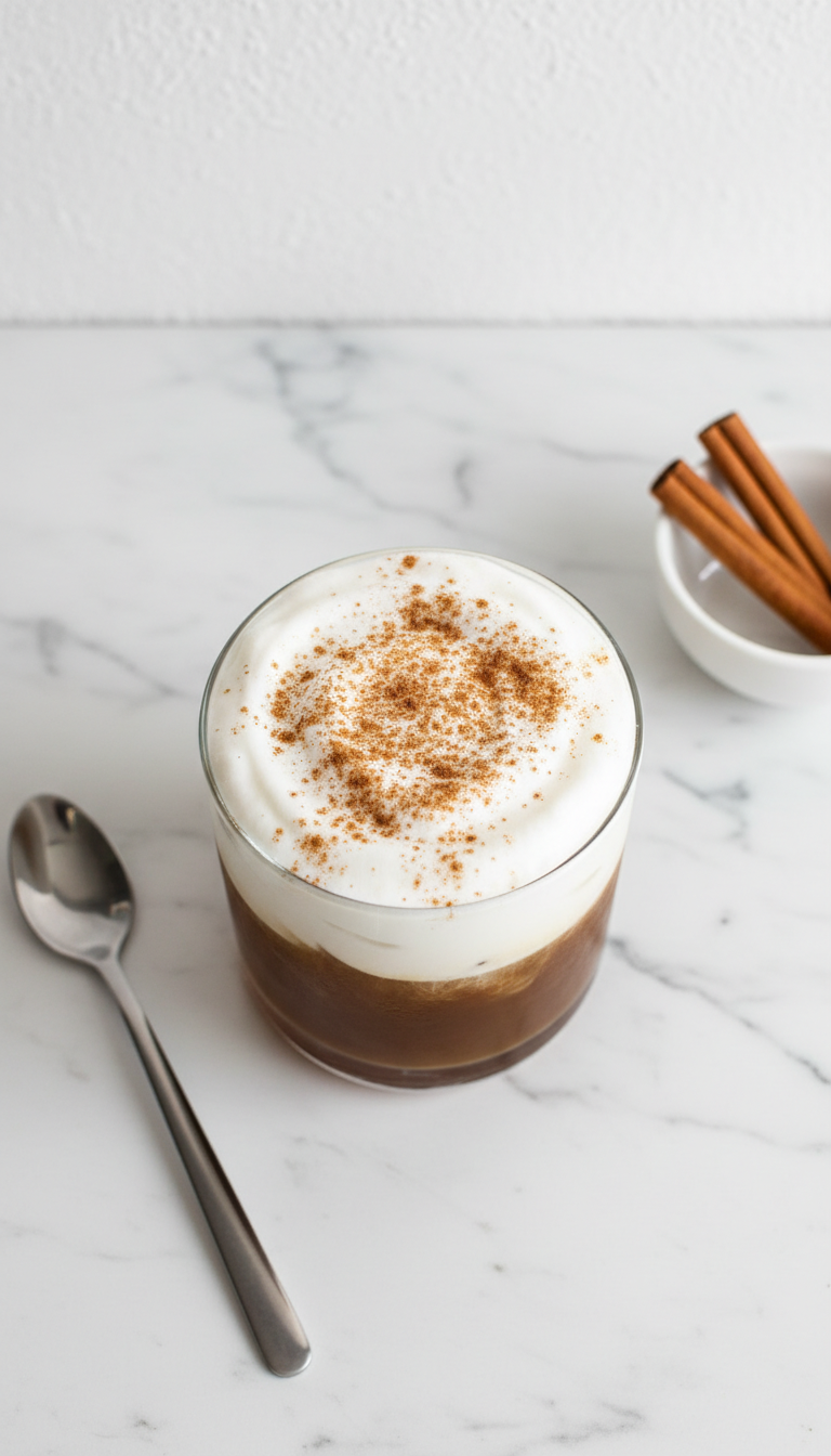 Top-down cinnamon sugar sweet cold foam iced coffee, white foam dusted with cinnamon sugar, cinnamon sticks, spoon.
