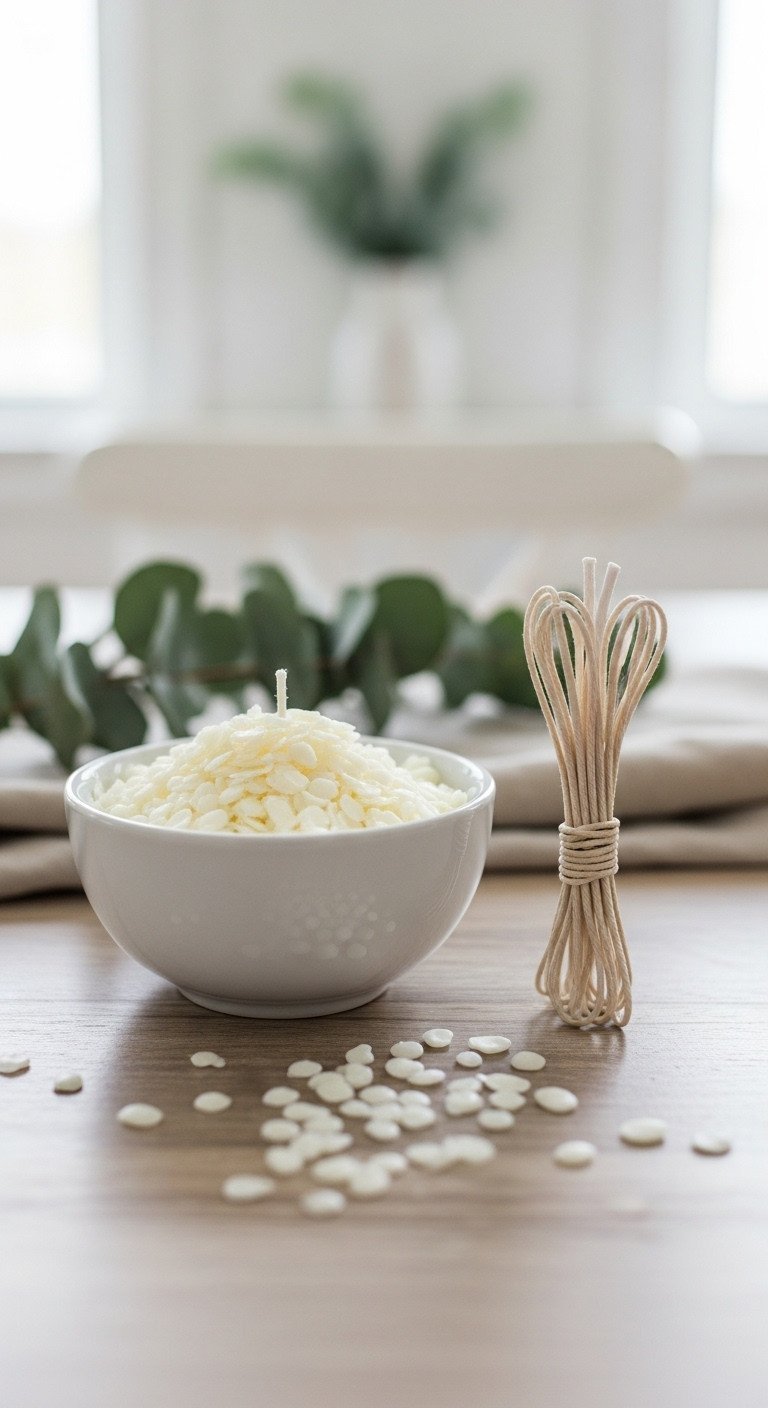Top-down flat lay of DIY candle making ingredients featuring a white ceramic bowl of soy wax flakes and a cotton wick.