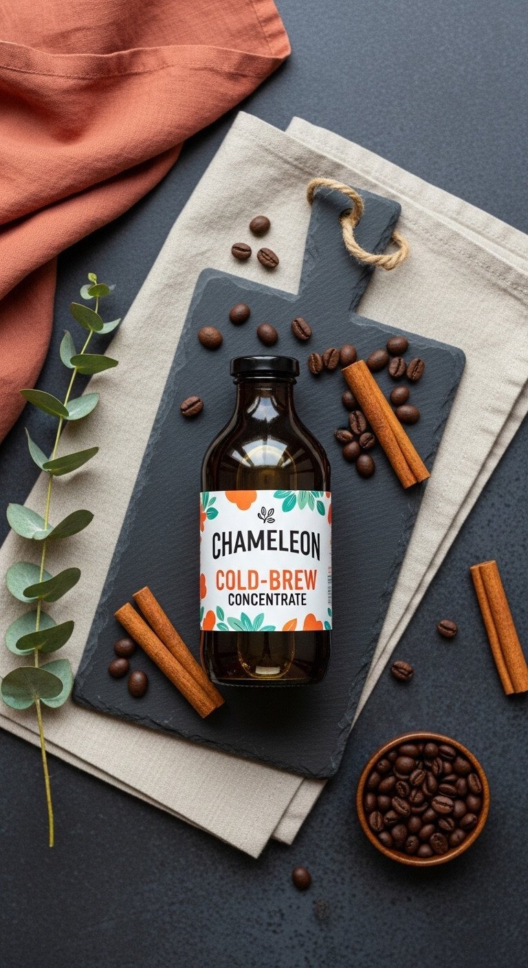 Cold Brew Concentrate The Foolproof Guide To Make Or Buy 7 Top-down flat lay of a Chameleon Cold-Brew Concentrate bottle on a slate board, surrounded by coffee beans and eucalyptus.