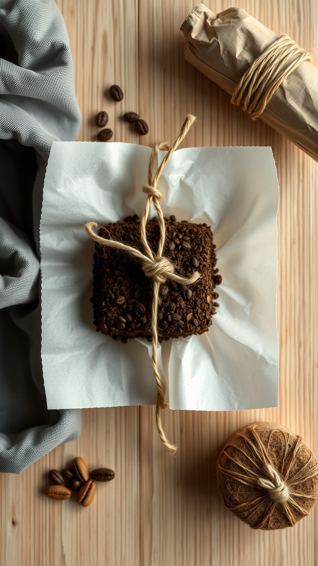 Top-down flat lay of a DIY coffee bag being made by tying a filter of grounds with twine on a dark slate surface.