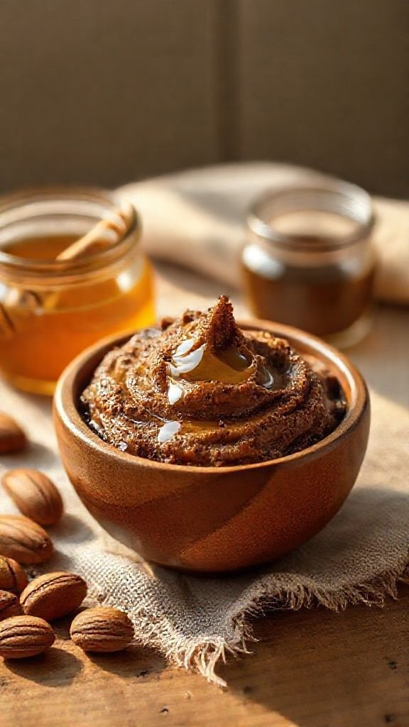 The 5 Minute Coffee Face Scrub For Naturally Glowing Skin 3 Top-down flat lay of a DIY coffee scrub for oily skin in a slate gray bowl with jojoba oil and eucalyptus on concrete.