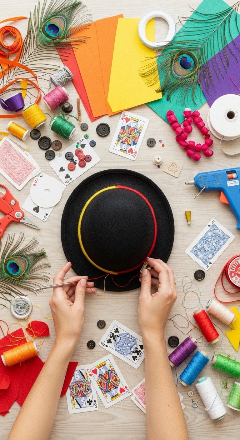 Brilliant Mad Hatter Tea Party Ideas For A Whimsical Event 11 Top-down flat lay of a DIY craft station with a black top hat, ribbons, and feathers for a hat decorating project.