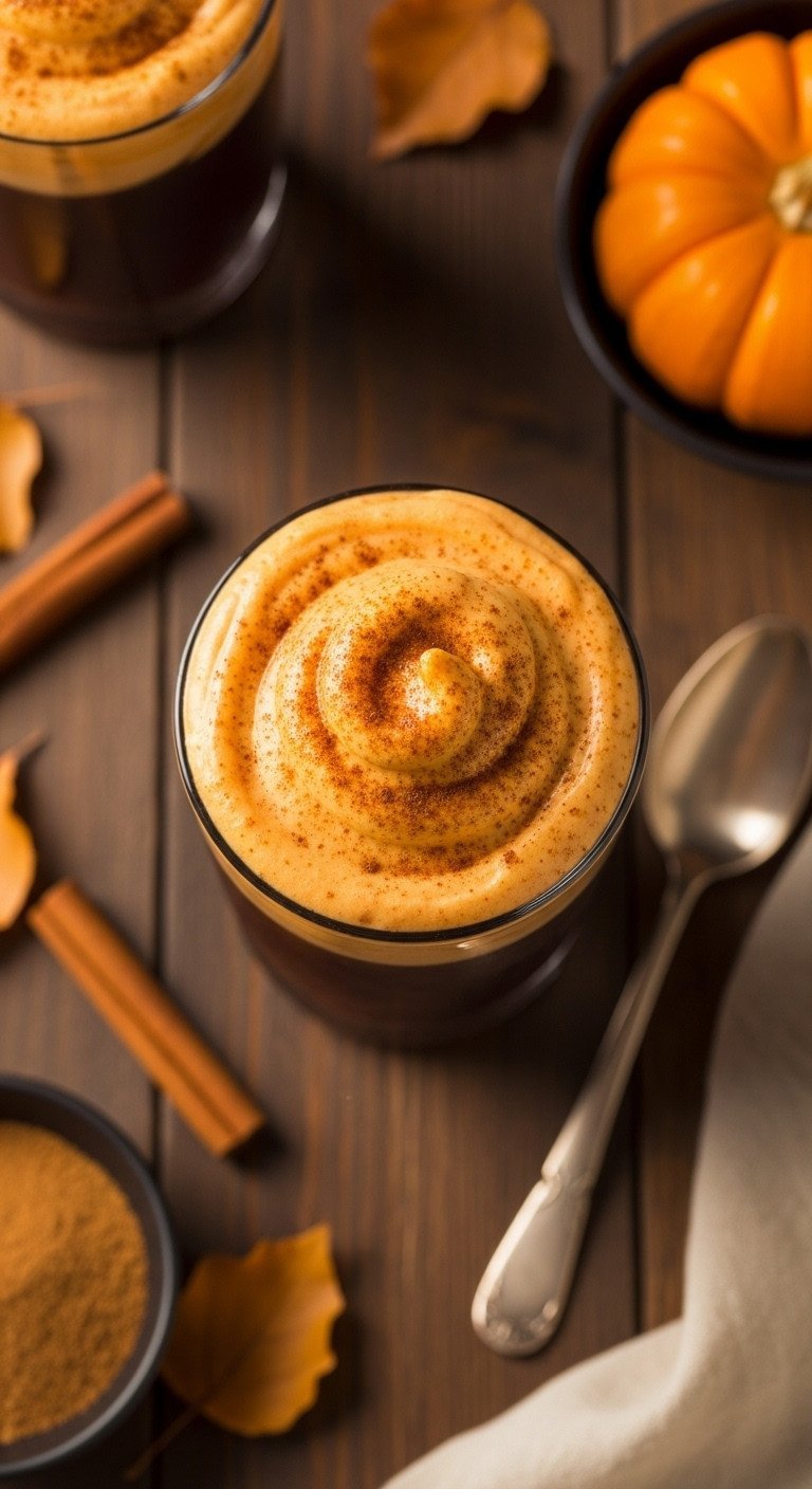 Top-down flat lay of a Pumpkin Cream Cold Brew with orange foam and spices, on a rustic board with a cinnamon stick.