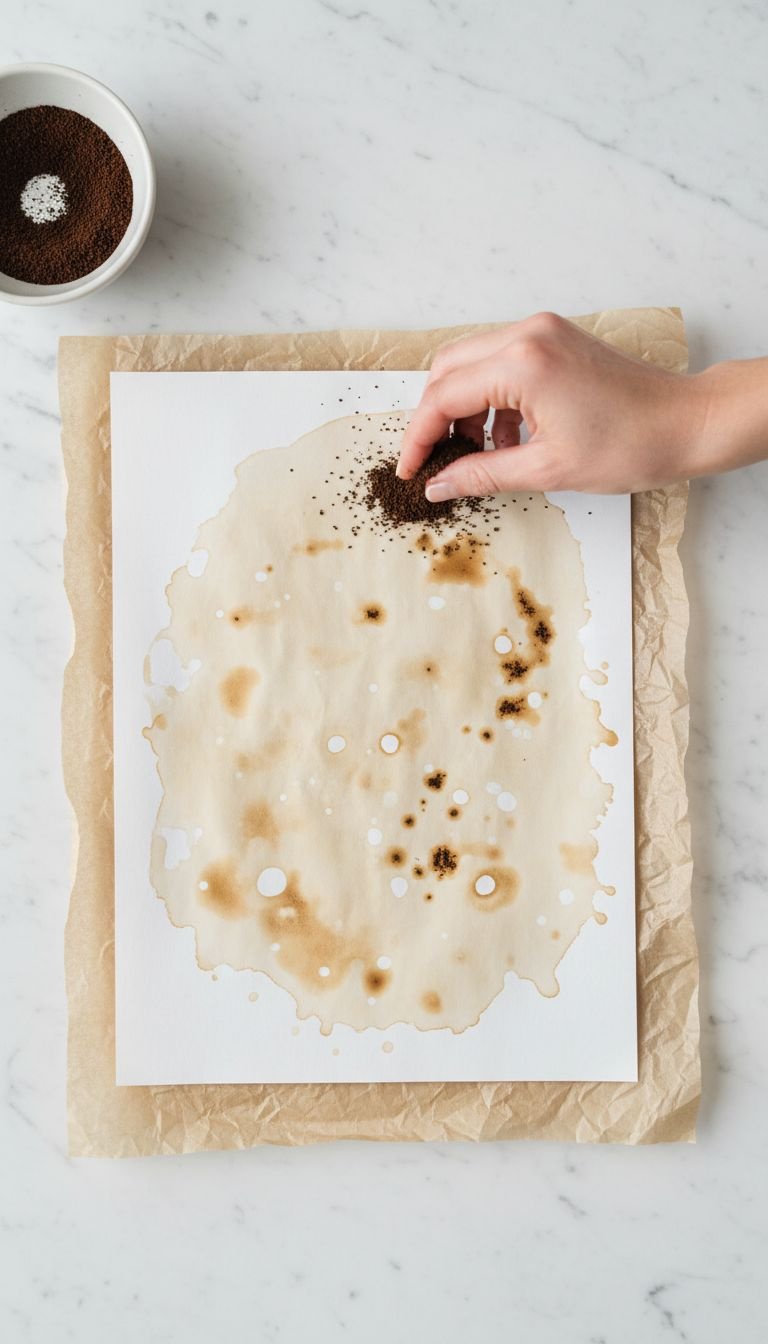 Top-down flat lay of a hand sprinkling coffee grounds onto wet, stained paper on a marble slab to create aged textures.