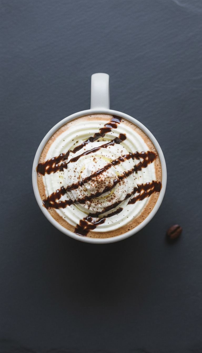 How To Make Mocha At Home Like A Barista No Machine 13 Top-down flat lay of a homemade mocha with whipped cream, chocolate drizzle, and cocoa powder in a mug on a slate background.