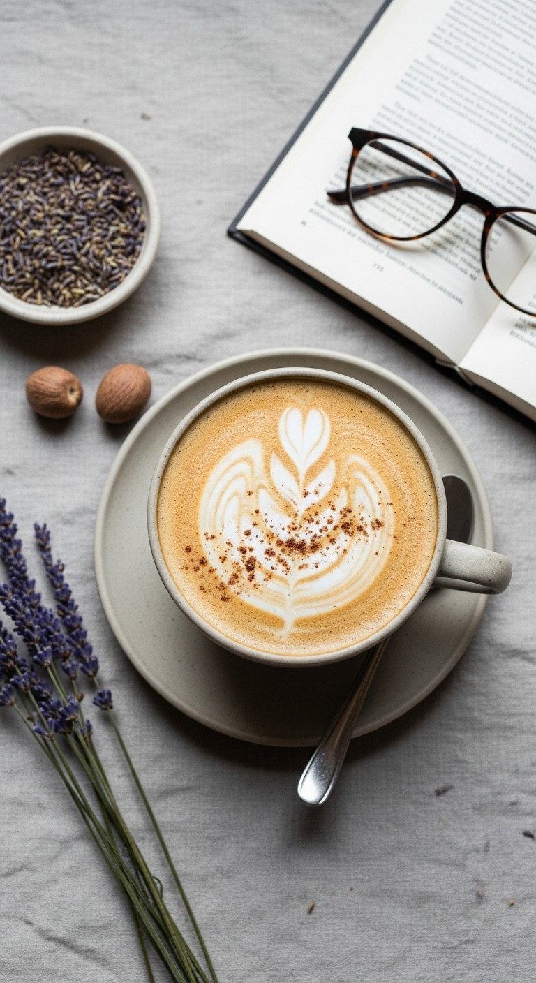 How To Make Adaptogen Coffee To Reduce Stress And Boost Focus 5 Top-down flat lay of a latte with delicate foam art in a bowl-style mug on a linen cloth next to a book and lavender.