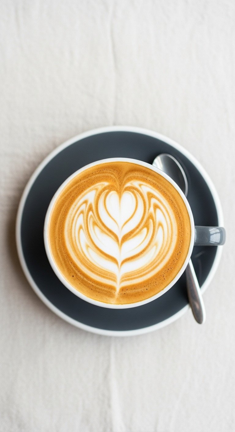 Top-down flat lay of a perfectly symmetrical latte art heart in a wide ceramic cup resting on a light linen tablecloth.