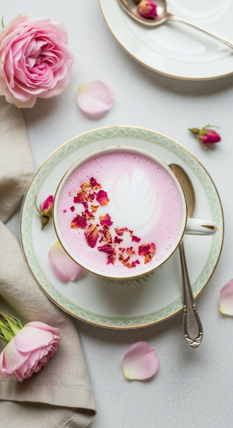 How To Make Adaptogen Coffee To Reduce Stress And Boost Focus 13 Top-down flat lay of a pink rose latte with edible petals in a vintage teacup on a linen napkin with a silver spoon.